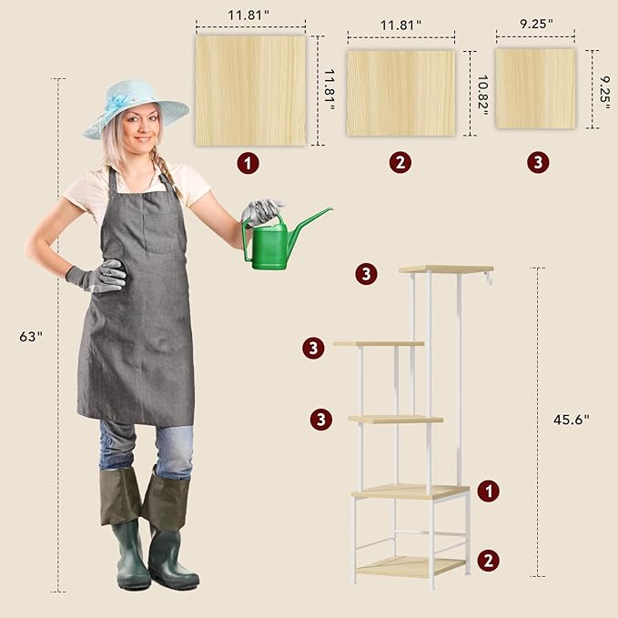 Plant Stand Indoor with Grow Light, 5-Tiered Tall Plant Stand Indoor, Metal Plant Shelf with Hanging Basket Hook and Adjustable Light, Ideal for Living Room, Garden, Patio (Maple)