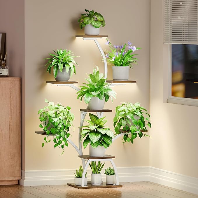 Plant Stand Indoor with Grow Lights, 6 Tiered Plant Shelf Indoor, 50" Corner Plant Stands for Indoor Plants, Lighted Tree-Shaped Plant Holder, Tall Flower Display Rack for Living Room, Patio（White)