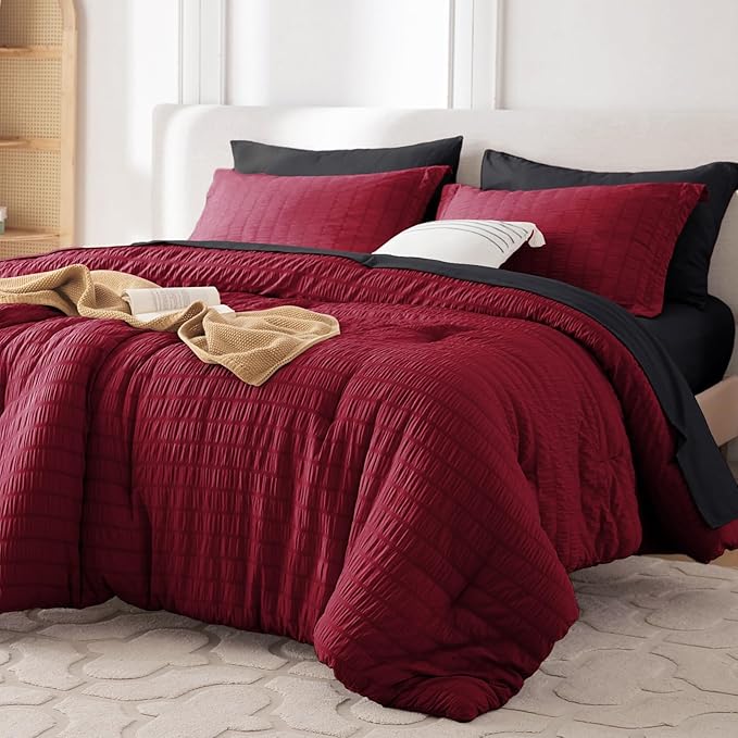 MUXHOMO 7 Pieces California King Comforter Set, Seersucker Bed in a Bag Cal King Size, All Season Luxury Bedding Set with Comforter, Flat Sheet, Fitted Sheet, Pillowcases & Shams, Red & Black