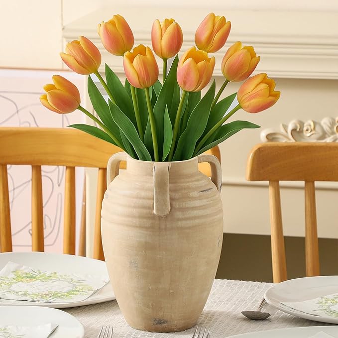 Ceramic Flower Vase Home Decor - Farmhouse Flower Vases Rustic Vintage Style Aesthetic Modern for Table Living Room Kitchen Bedroom Decoration House Desk Decorative Accessories Gift (Clay)