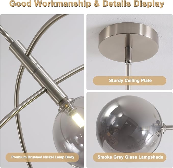 Modern Silver Chandelier 5 Light Smoke Gray Semi Flush Mount Chandelier Vintage Industrial Ceiling Light for Dining Room Kitchen Bedroom Hallway