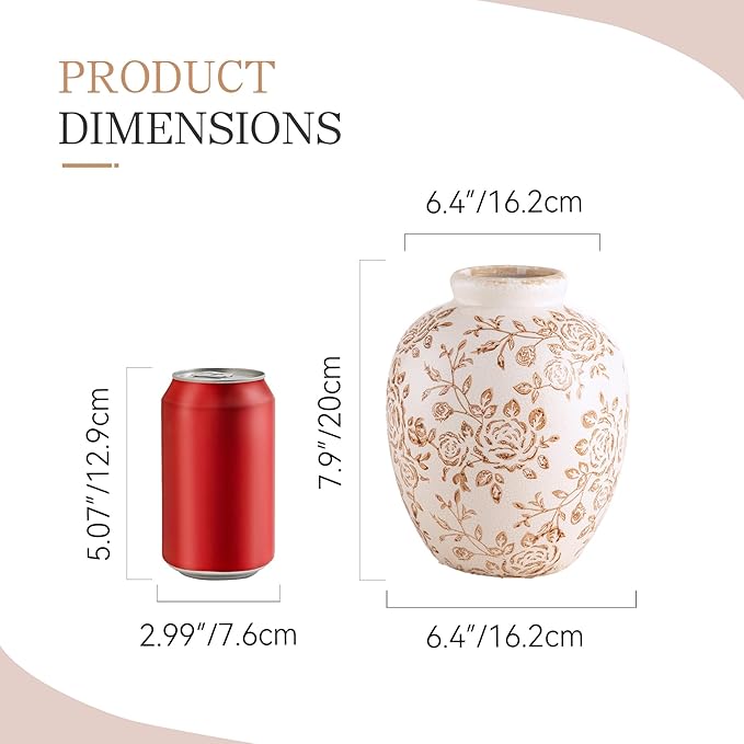 Ceramic Vintage Vase, Flower Decorative Vase Chinoiserie Decor Rustic Farmhouse Retro Floral Vases for Table Bookshelf Mantel Kitchen Living Room Office - 7.8inch
