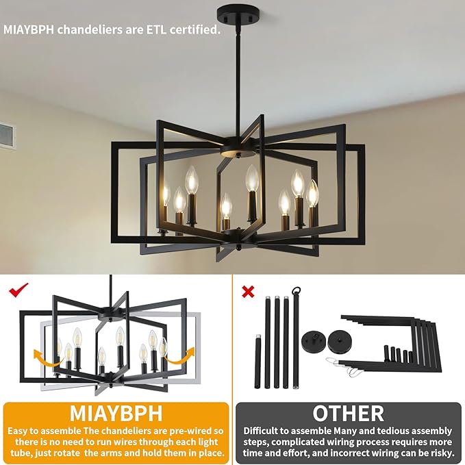 Black Chandelier for Dining Room, 8-Light Kitchen Chandelier Light Fixture Modern Metal Industrial Large Chandeliers for Farmhouse Entryway Living Room (E12 Bulbs Not Included)
