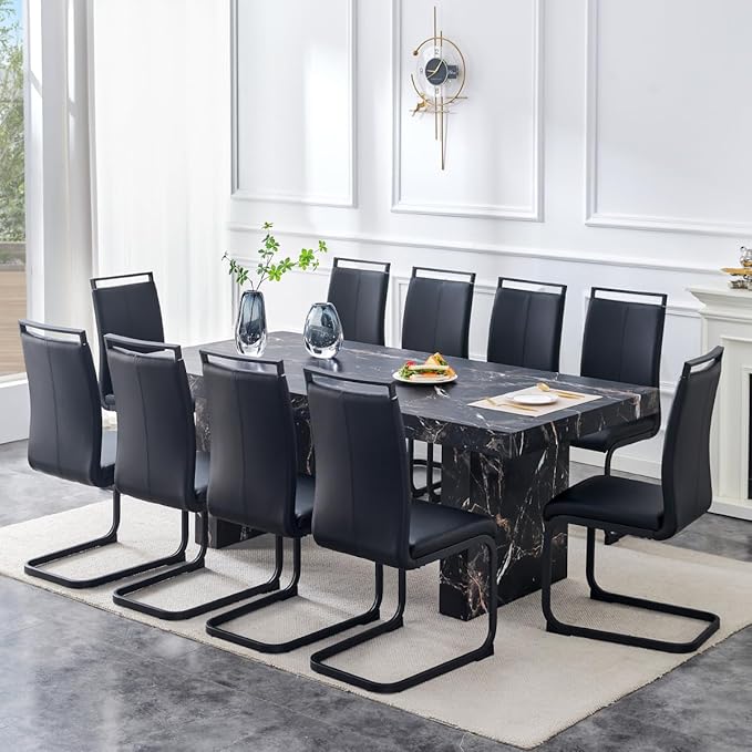 79" Marble Dining Table Set｜Modern Dining Table Set with 10 Faux Leather Chairs｜Engineered Wood with Marble Pattern Tabletop｜Widened and Stable Tablelegs｜Easy Assembly