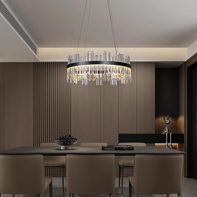 Black Led Modern Crystal Chandelier: 23.6" Round K9 Luxury Clear Crystals 3 Color Dimmable Contemporary Chandeliers for Dining Room Lights over Table - Adjustable Height Living Room Light with Remote