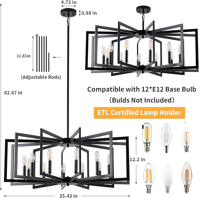 Black Chandelier for Dining Room, 12-Light Kitchen Chandelier Light Fixture Modern Metal Industrial Large Chandeliers for Farmhouse Entryway Living Room (E12 Bulbs Not Included)