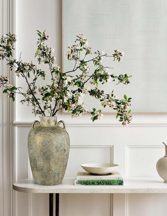 Large Ceramic Vase, 13.7" Tall Rustic Farmhouse Vase, Vintage Flower Vase with 2 Ears, Electroplated Terracotta Rustic Vases for Home, Living Room, Shelf, Mantel, Entryway, Wedding, Table Centerpiece