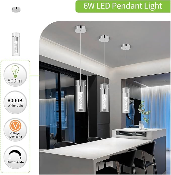 Pendant Ceiling Light Fixture for Kitchen Island, Chrome Pendant Light Integrated LED Hanging Light with Crystal Bubble Glass Pendant Light Modern Pendant Lights Kitchen Island (2-Pack)