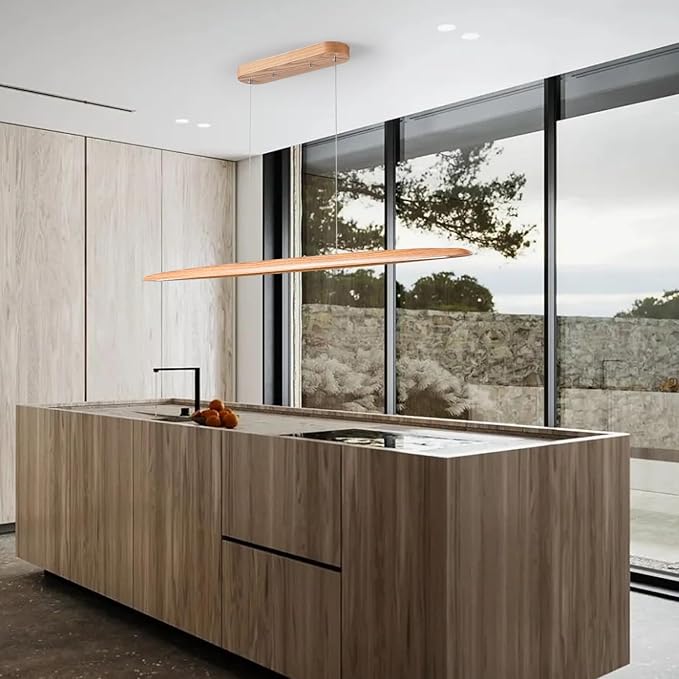 51" 36W Wood LED Linear Pendant Light Fixture Led Dining Room Light Dimmable Hanging Light Fixture for Dining Room Kitchen Island Pool Table Lights Natural Ash