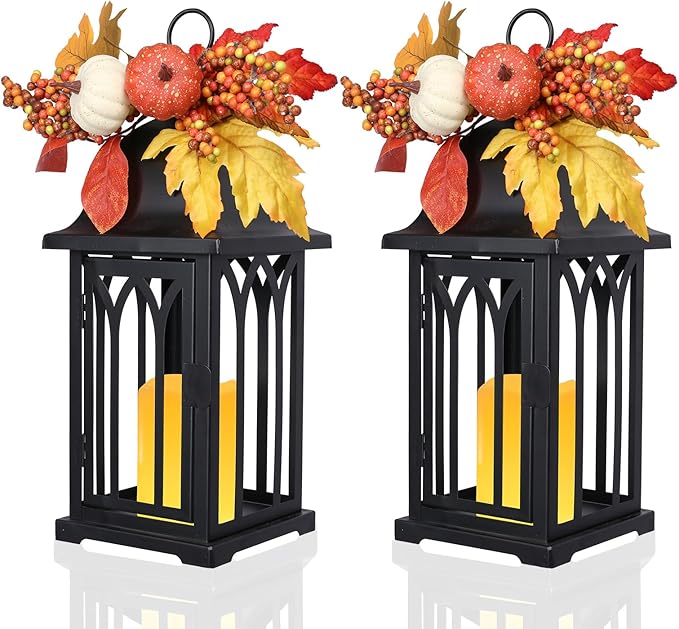 Bdor 2 Pack Fall Lantern Decor with LED Candle – 15 Inch Harvest Pumpkin Maple Leaf Hanging Lantern for Autumn Thanksgiving Table Centerpiece Indoor Outdoor Decoration, Battery Operated