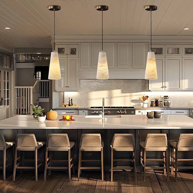 Natural Alabaster Pendant Lights Kitchen Island, H-10in White Pendant Light Fixtures, Light Pendan Marble Conical Shade Copper, for Bedroom Bathroom Dining Room Living Room (Dimmable Bulbs INCL)