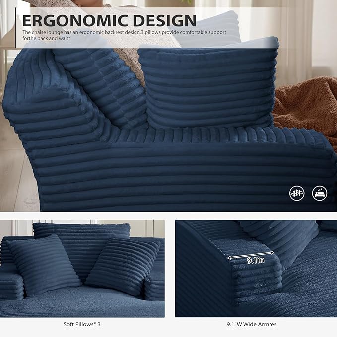 Oversized Chaise Lounge Chair Indoor, Corduroy Sofa Bed with Throw Pillows, Cozy Cloud Couch, Upholstered Sleeper Sofa Couch for Living Room, Bedroom, Apartment, Blue