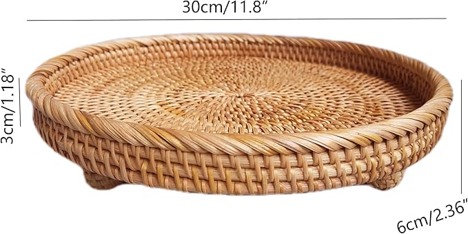 i-lan 12.5 Inch Round Rattan Serving Basket-Round Woven Bread, Fruit, Keys Bowl Pedestal Stand with 1”Side, Flat Wicker Decorative Snack Basket Trays for Candy Dish, Rustic Platter, Display Riser