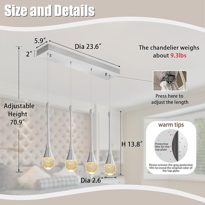 Dining Room Light Fixture 4-Light Silver Kitchen Island Lighting Industrial Linear Crystal Chandeliers for Dining Room Pendant Light Fixture for Living Room Hallway Bedroom