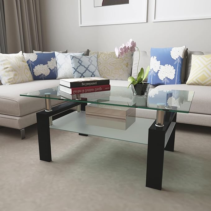 Tempered Glass Coffee Table for Living Room with 2 Tiers Size 39.4" x 23.7" (W x D) Black