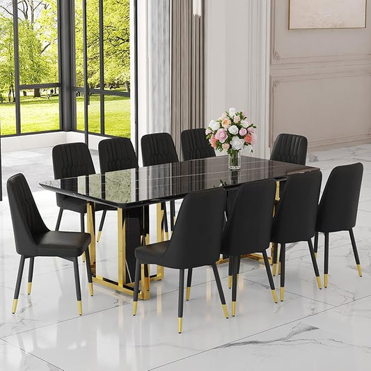 TesNus 79" Black Dining Table Set for 10,Large Faux Marble Top with Gold Metal Base, Rectangular Kitchen Room Set with 10 Black Chairs,Modern Design,Easy Assemble,Stable Base