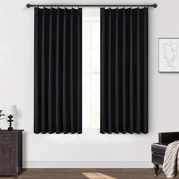 Black Out Kitchen Curtains 45 Inch Length 2 Panels Set, Mini Textured Linen Pinch Pleated Thick Drapes Room Darkening Insulated Black Small Window Curtain with Hooks Rings Back Tab 40"Wx45"L Blackout