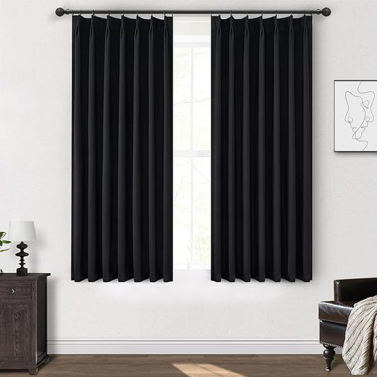 Black Out Kitchen Curtains 45 Inch Length 2 Panels Set, Mini Textured Linen Pinch Pleated Thick Drapes Room Darkening Insulated Black Small Window Curtain with Hooks Rings Back Tab 40"Wx45"L Blackout