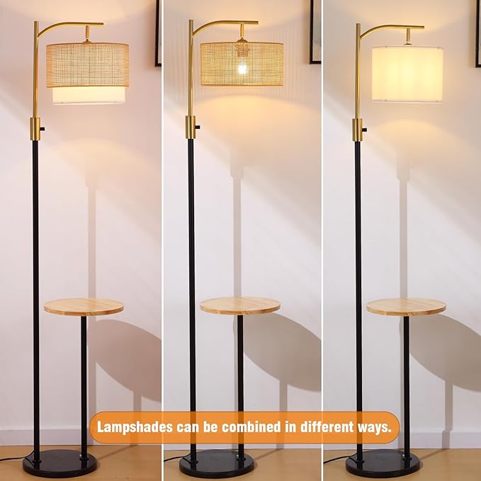 Dimmable Floor Lamp with Table and Marble Base, Arc Floor Lamp with Bulb, Boho Farmhouse Standing lamp with Fabric & Bamboo Shades for Living Room Bedroom
