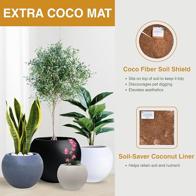 16" H x 20" D Globo Fiberstone Round Planter with Drainage Hole, Weather Resistant, Smooth Finish, Planters for Indoor Plants & Outdoor, 2 Extra Coco Mats (Taupe, 13.5" Pot Opening)