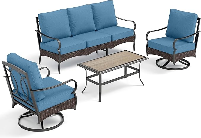 PHI VILLA Outdoor Patio Furniture Set, Upgraded Wicker&Metal Patio Conversation Set with Waterproof Thick Cushions for Porch, Poolside, Deck, and Yard (4 Pieces,Navy)