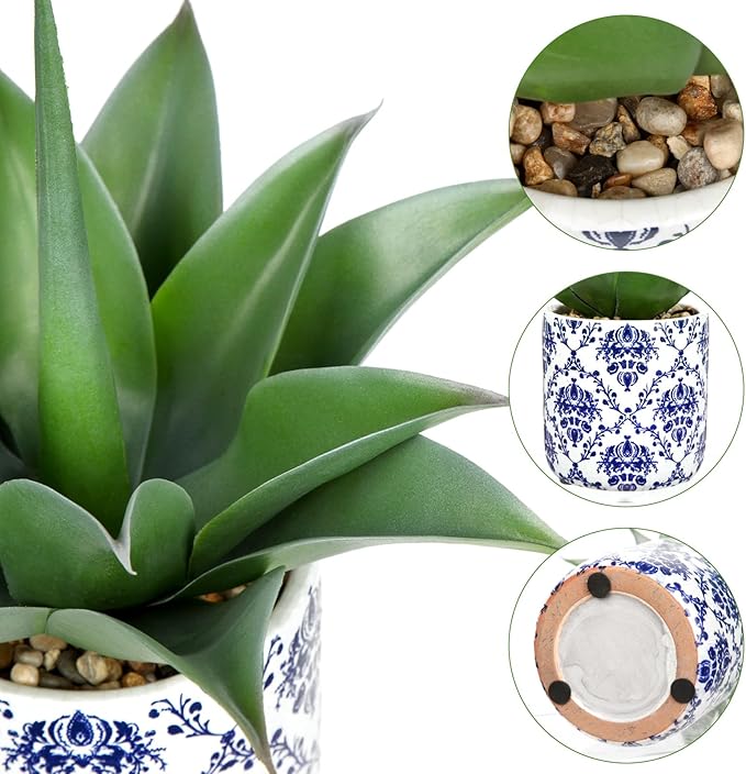 Briful Agave Plants Artificial Succulents Fake Plant in Blue Vase, 13'' Tall Realistic Faux Plant Indoor for Home Decor Farmhouse Centerpiece Table Kitchen