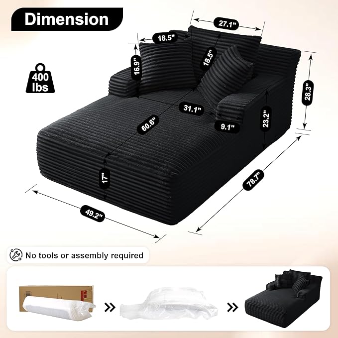 Boneless Couch Sofa Chiar Chaise Lounge Chair Indoor Upholstered Corduroy Couch Cloud Sleeper Sofa Oversized Reading Chair for Living Room No Assembly Required (Black, 50" W x 80" D)