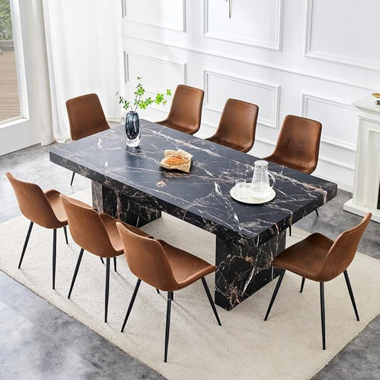 79" Marble Dining Table Set｜Modern Dining Table Set with 8 Suede Chairs｜Engineered Wood with Marble Pattern Tabletop｜Widened and Stable Tablelegs｜Easy Assembly