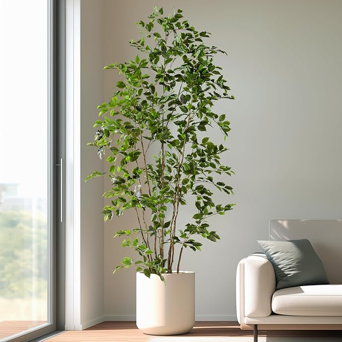 Artificial Ficus Tree Indoor 8ft, Large Potted Faux Tree with Realistic Silk Leaves & Trunk for Home Office, Living Room Corner Decor