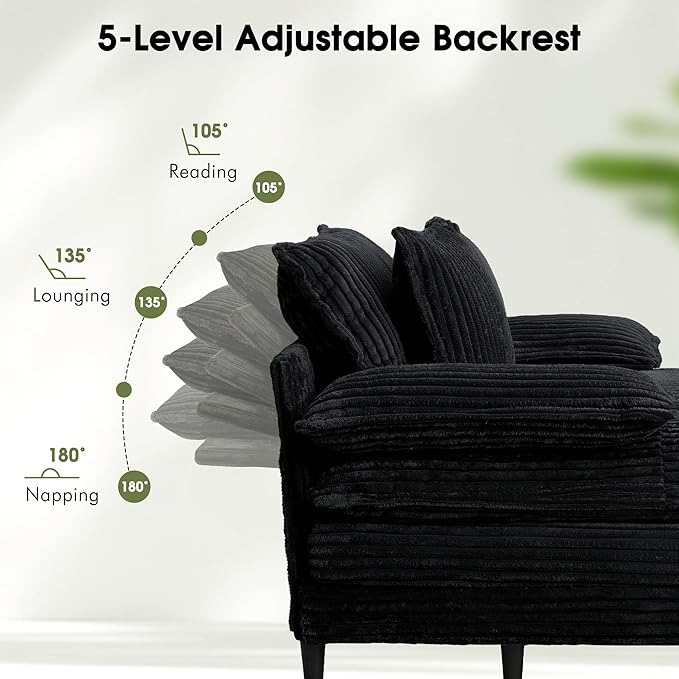 55" W Oversized Chaise Lounge Sofa Couch with 5-Position Adjustable Backrest, Corduroy Sleeper Chair Sofa Bed, Reading Chair ‌with Deep Seat, Cloud Couches for Living Room, Bedroom, Black