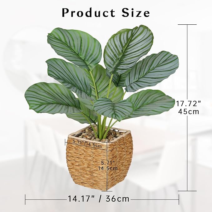 Briful Fake Plants Potted Calathea orbifolia Artificial Plants Indoor Realistic Greenery Faux Plants in Square Plastic Rattan Baskets for Home Decor Farmhouse Office Weddings
