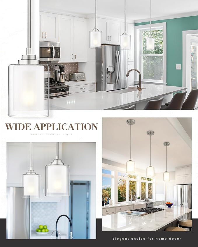 TENGXIN Modern Pendant Light,Brushed Nickel Modern Pendant Light for Kitchen Island,Hanging Ceiling Light Fixture,Farmhouse Pendant Lighting for Dining Room Bedroom Bar Office 2Pack,TXPLBN02-2PK