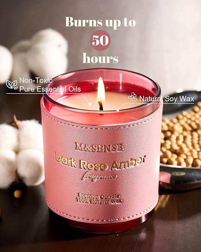 M&SENSE Rose Amber Scented Candles-Vegan Soy Wax, Floral Naturally Scented, No Toxin 10oz 42-Hour Long Burning Time, Relaxing Aromatherapy Candle for Bathtub, Rooms, Date Night, Fancy Gift Ideas