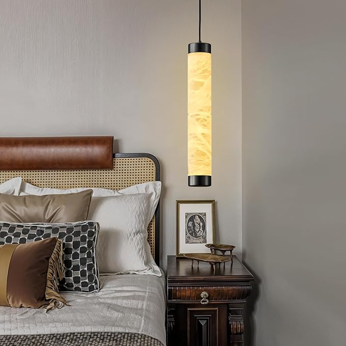 20" Alabaster Pendant Lights, Natural Marble Cylinder Black Pendant Light, Adjustable Modern Ceiling Light Fixtures for Kitchen Island, Dining Room, Bedroom, Living Room, Bathroom