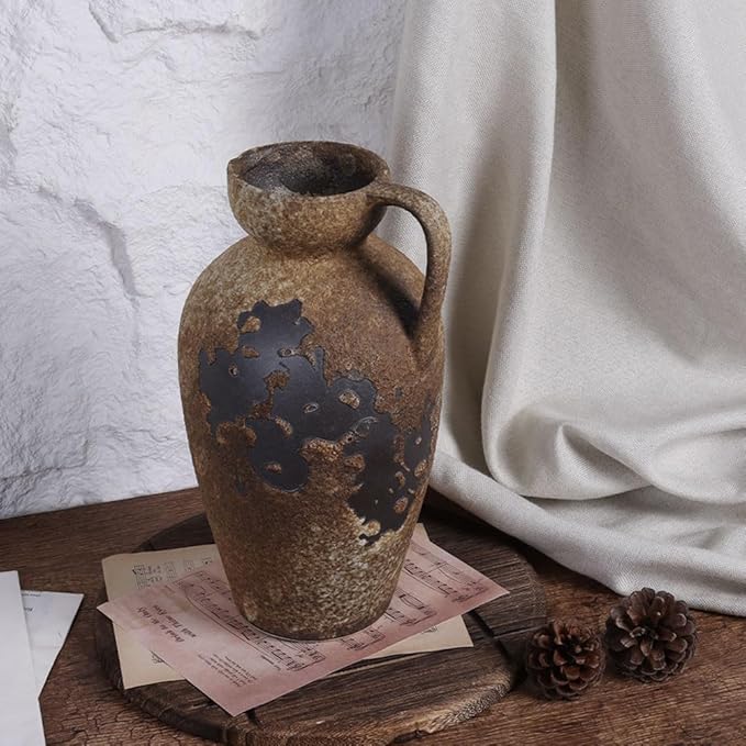 Wabi Sabi Decor Vintage Terracotta Vase with Handles, Rustic Ceramic Farmhouse Vase for Home Decor, Large Antique Vases, Ideal for Centerpieces, Tall Rustic Vases for Dried Flowers, Clay Home Decor