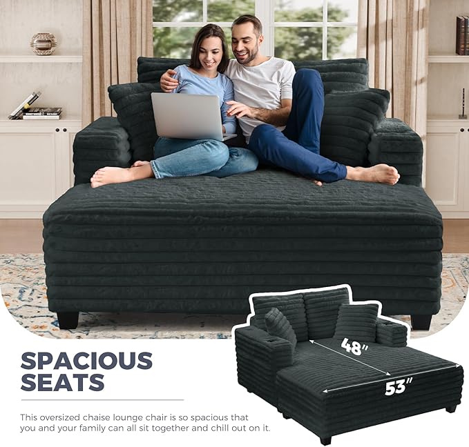 HUSFU 60'' Oversized Chaise Lounge Chair, Upholstered Sofa Bed, Sleeper Couch Reading Chairs with USB Port and Cup Holders,Comfy Cloud Sofas Couches for Living Room,Grey Blue