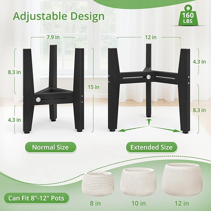 LUE BONA 2 Pack HDPS Plant Stand, Adjustable Plant Stand Indoor for 8-12 Inches Pots, Mid Century Modern Plant Holder for Indoor, Outdoor, Black