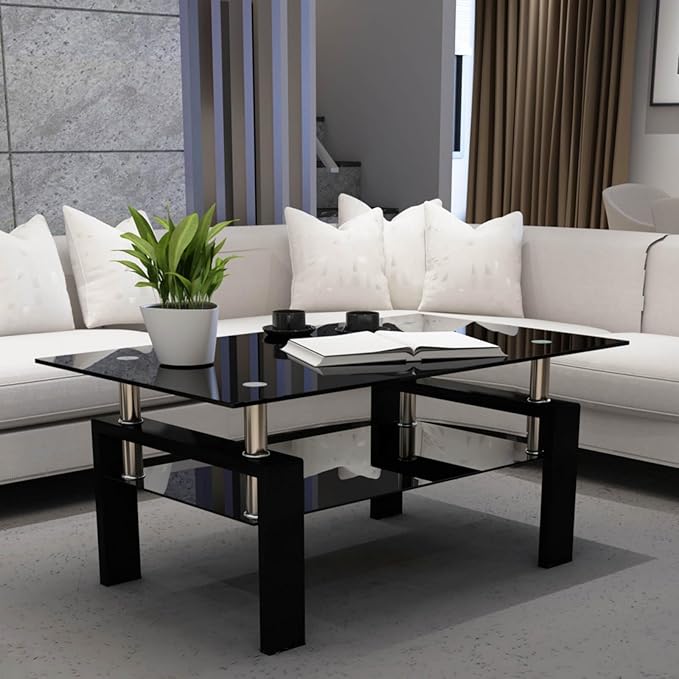 Tempered Glass Coffee Table for Living Room Furniture (All Black)