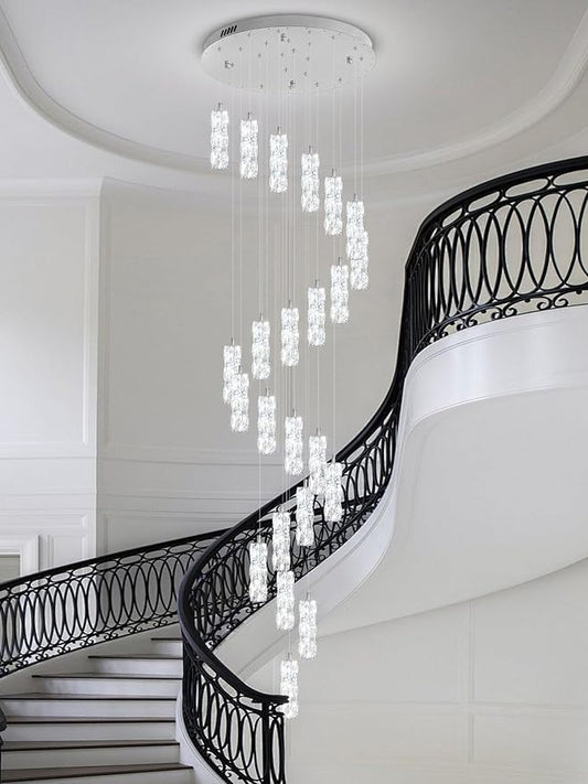 H150in High Ceiling Chandelier for Foyer Entrance 24-Light Crystal Silver Chandelier Light Fixture Large Ceiling Light for Living Room Staircase Hallway Dining Room