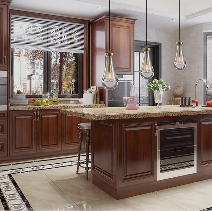 Raindrop Pendant Light Fixtures Set of 3, Brass Glass Pendant Lighting, Teardrops Pendant Lights Kitchen Island, Indoor Pendant Light for Kitchen Island Bedroom Bathroom, Included Bulb