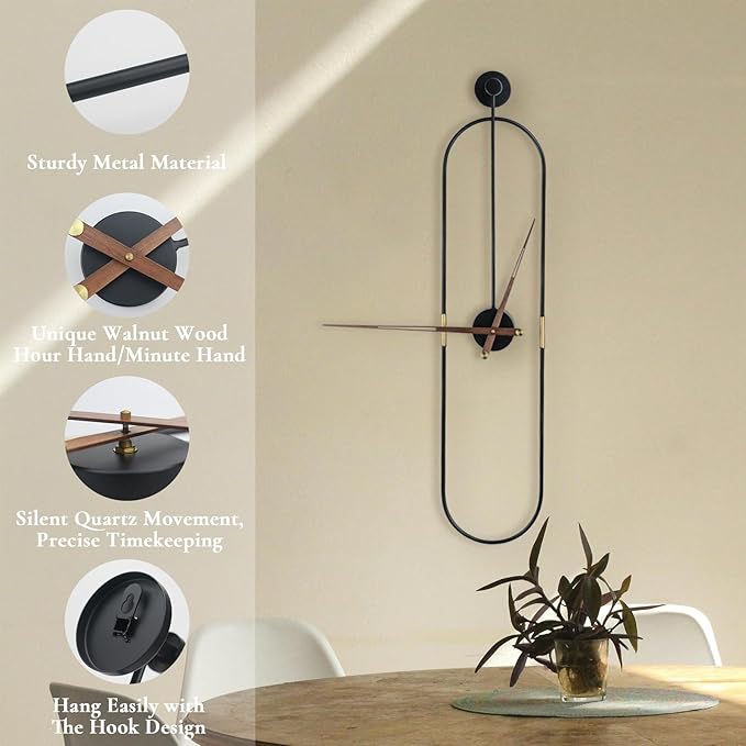 Modern Oval Wall Clock Large Wall Clock with Walnut Pointers for Living Room Home Decor Bedroom Kitchen Office (Oval Black, Large)