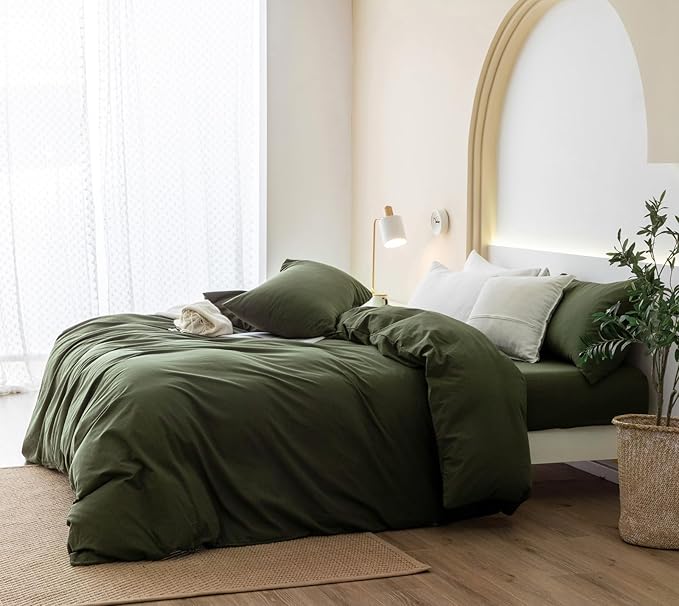 JIYUAN 100% Washed Cotton Duvet Cover Set 3 Pieces Oversized Queen, 1 Duvet Cover 98x98 Inches(Comforter Not Included) and 2 Pillowcases,Linen Feel Bedding Set Comfy and Breathable,Olive Green