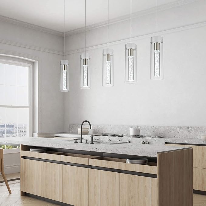 Modern Kitchen Lighting Pendant Fixtures 5-Light LED Pendant Ceiling Fixture Brushed Nickel Bubble Cylinder Pendant Light with Adjustable Length for Kitchen Island Dinning Room Bedroom