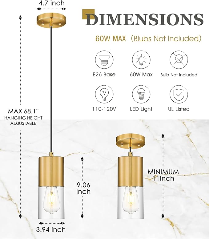 Gold Pendant Lights Kitchen Island, Hanging Lights Fixtures with Cylinder Clear Glass, Modern Brass Kitchen Pendant Lighting Over Island for Dining Room, AD-24023-1P-GD