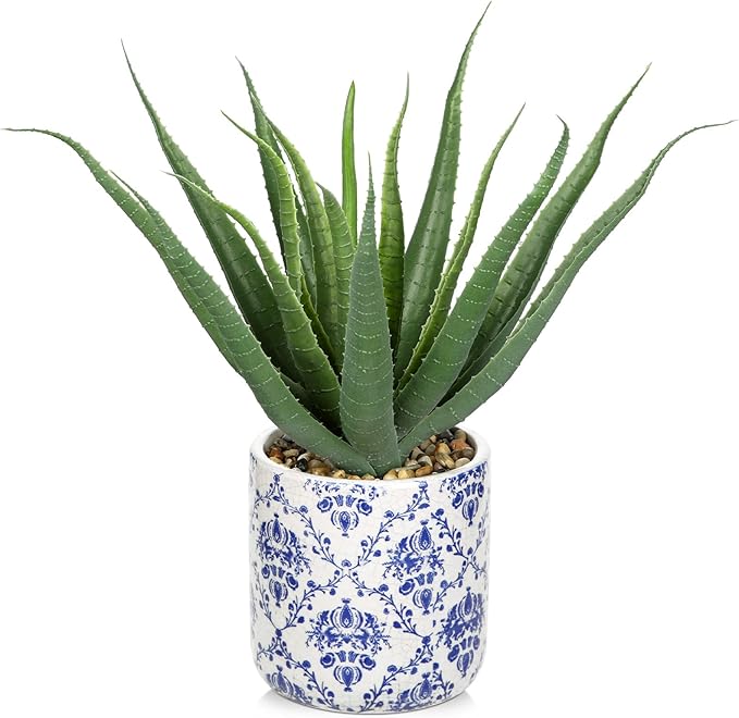 Briful Agave Plants Artificial Succulents Fake Plant in Blue Vase, 9'' Tall Realistic Faux Aloe Vera for Home Decor Indoor Centerpiece Table Kitchen
