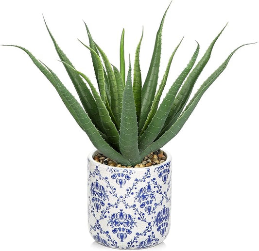Briful Agave Plants Artificial Succulents Fake Plant in Blue Vase, 9'' Tall Realistic Faux Aloe Vera for Home Decor Indoor Centerpiece Table Kitchen