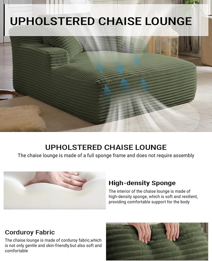 50 Inches Chaise Lounge Indoor,Oversized Chaise Lounge Chair with 3 Throw Pillows and Armrests,Corduroy Upholstered Plush Sofa Bed Lazy Chair Bed Sleeper Chair for Living Room Apartment (Green)