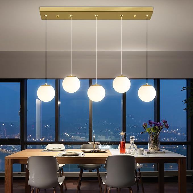 5-Lights Globe Pendant Light for Kitchen Island H 98" Gold Rectangle Chandelier Milk White Glass Pendant Lighting for Living Room Bedroom Entryway