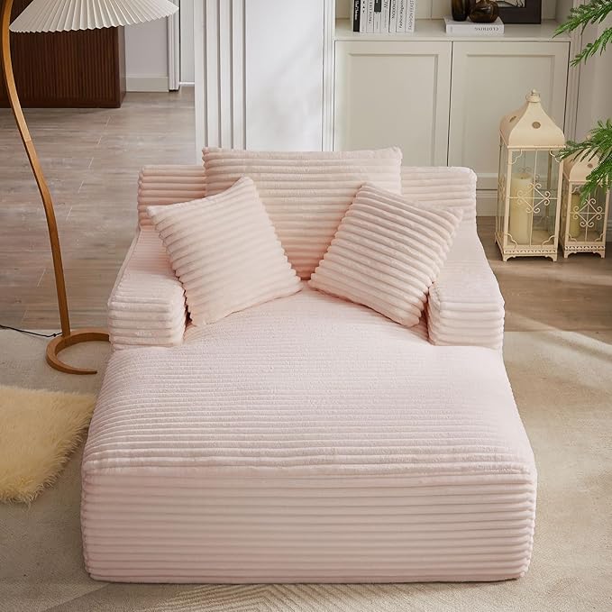 Oversized Chaise Lounge, Corduroy Sofa Bed Chair Indoor with Throw Pillows, Cozy Cloud Couch, Upholstered Sleeper Sofa Couch for Living Room, Bedroom, Apartment, Light Gray