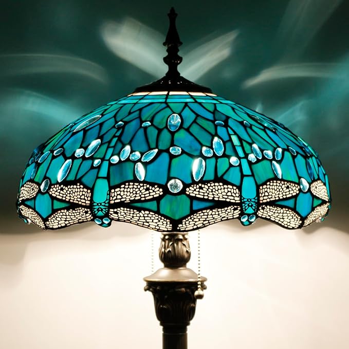WERFACTORY Tiffany Floor Lamp Dragonfly Green Stained Glass Standing Reading Light 16X16X64 Inches Antique Pole Corner Lamp Decor Bedroom Living Room Home Office S622 Series